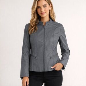 Lafayette 148 New York Gray Zip-Front Jacket, Size 12, Minimalist Tailored Fit